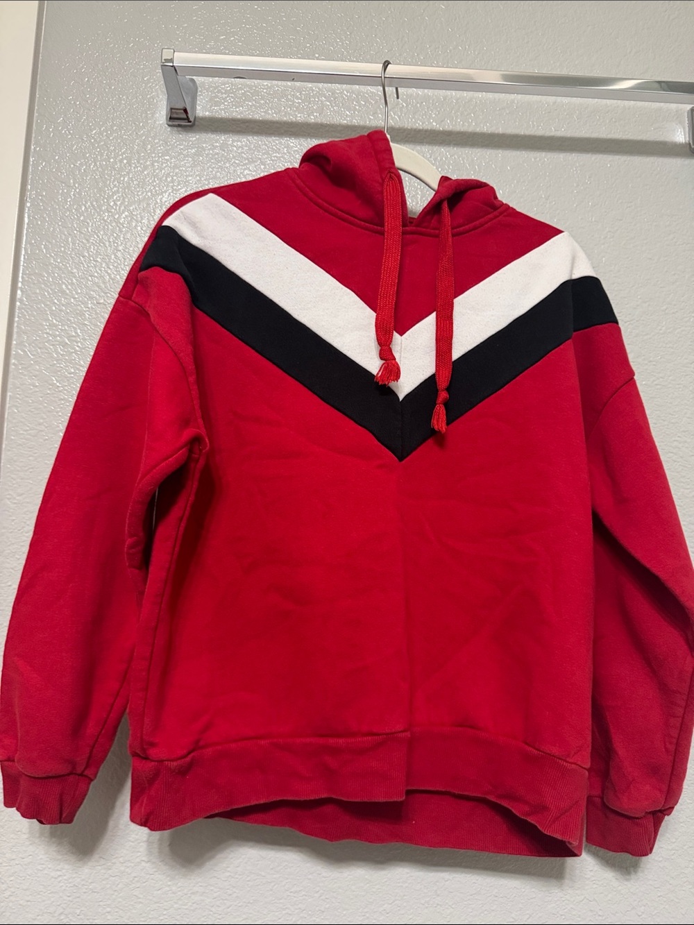 Women's Red Hooded Sweater with Chevron Detail